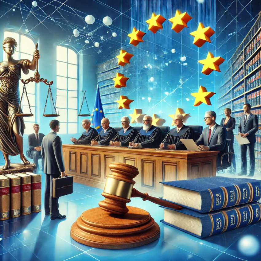 DALL·E 2024 06 27 21.49.34 A modern courtroom with judges and lawyers in session. The setting includes elements symbolizing European Union law such as the EU flag and legal boo