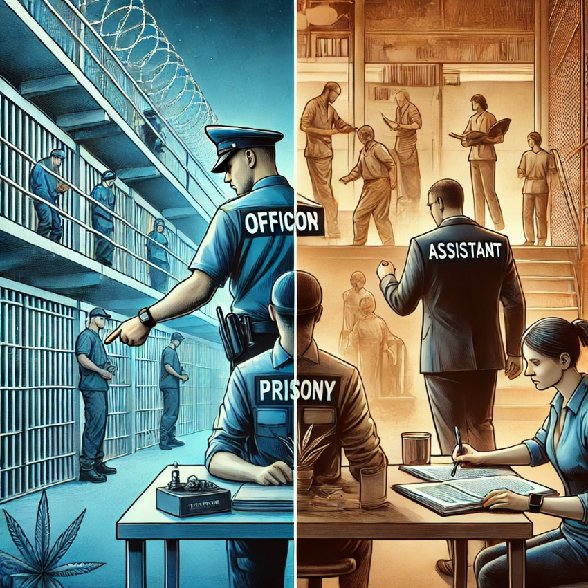 DALL·E 2024 10 15 17.05.35 A dynamic cover image comparing two key roles Prison Officer and Assistant in Penitentiary Institutions. The image should depict a professional priso