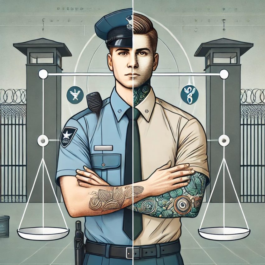 DALL·E 2024 12 09 21.08.01 An informative and visually striking illustration depicting the concept of prison officer recruitment with tattoos without any text or letters. The i