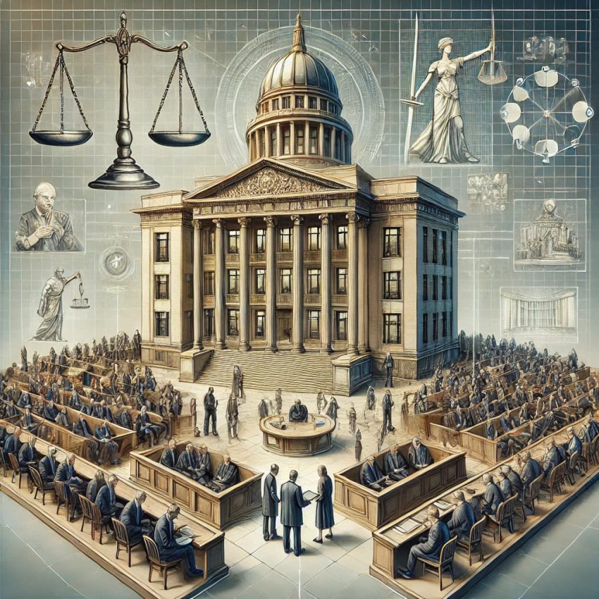 Organización del Poder Judicial: Estructura y Funciones Claves | Guía 2025 7 DALL·E 2024 12 09 21.12.59 A detailed and professional illustration representing the organization of the judiciary without any text or letters. The image features a multi level