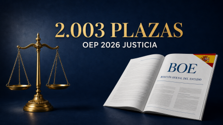 OEP 2026 Justicia: 2.003 plazas - balanza dorada y BOE sobre fondo navy